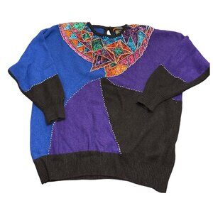 Vintage 1992 I.B. Diffusion 3X Colorblock Sweater With Sequins & Beaded Detail